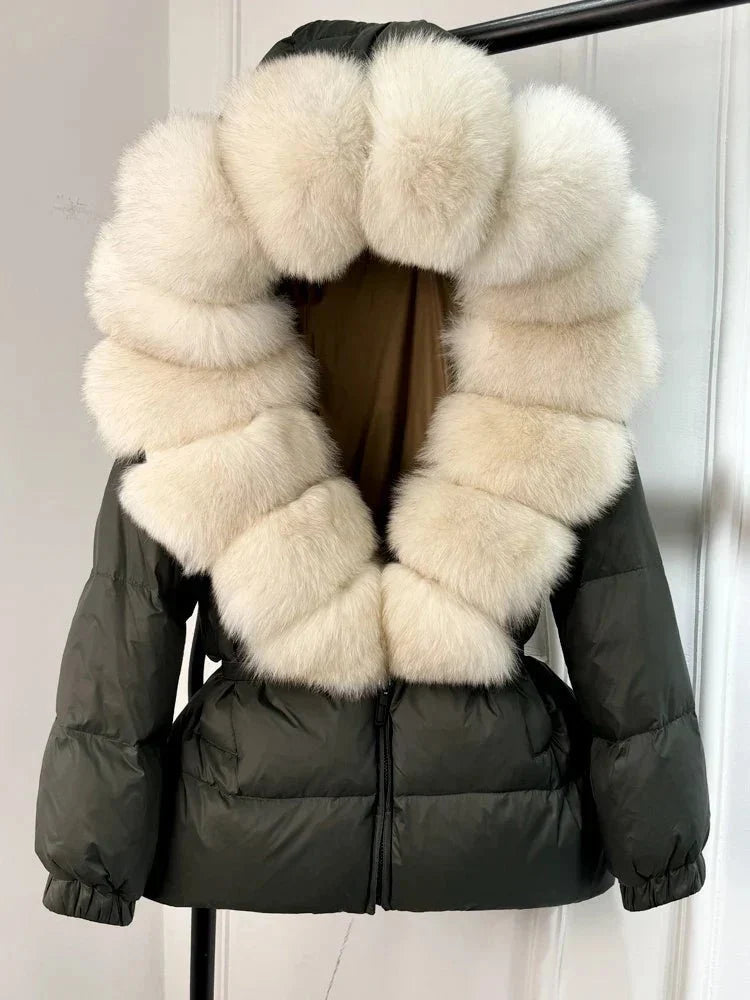 Women's long puffer jacket with fur hood - lifestyle photo