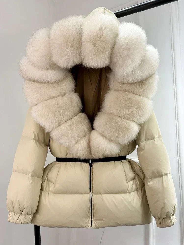 Women's long puffer jacket with fur hood in Beige