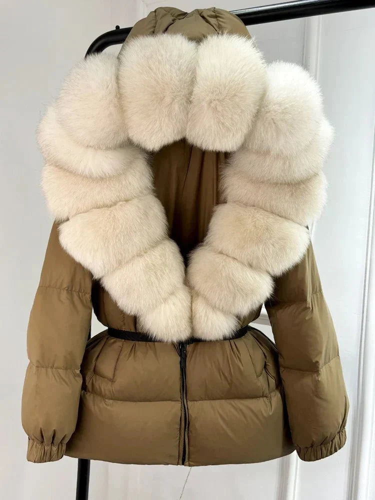 Women's long puffer jacket with fur hood in Beige White