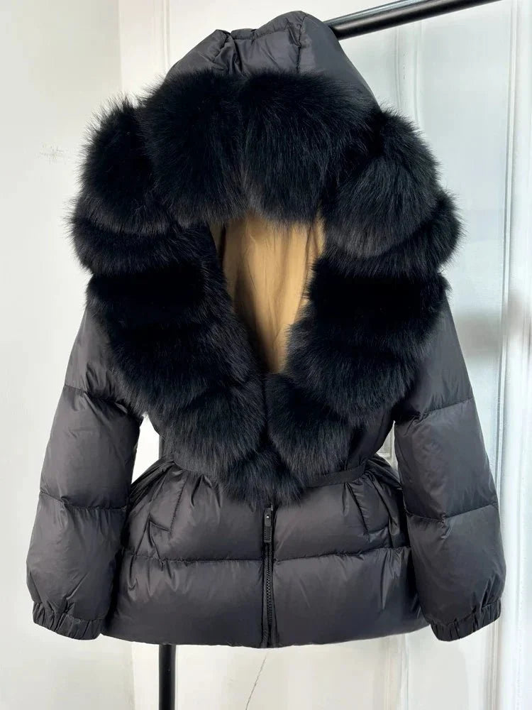 Women's long puffer jacket with fur hood in Black