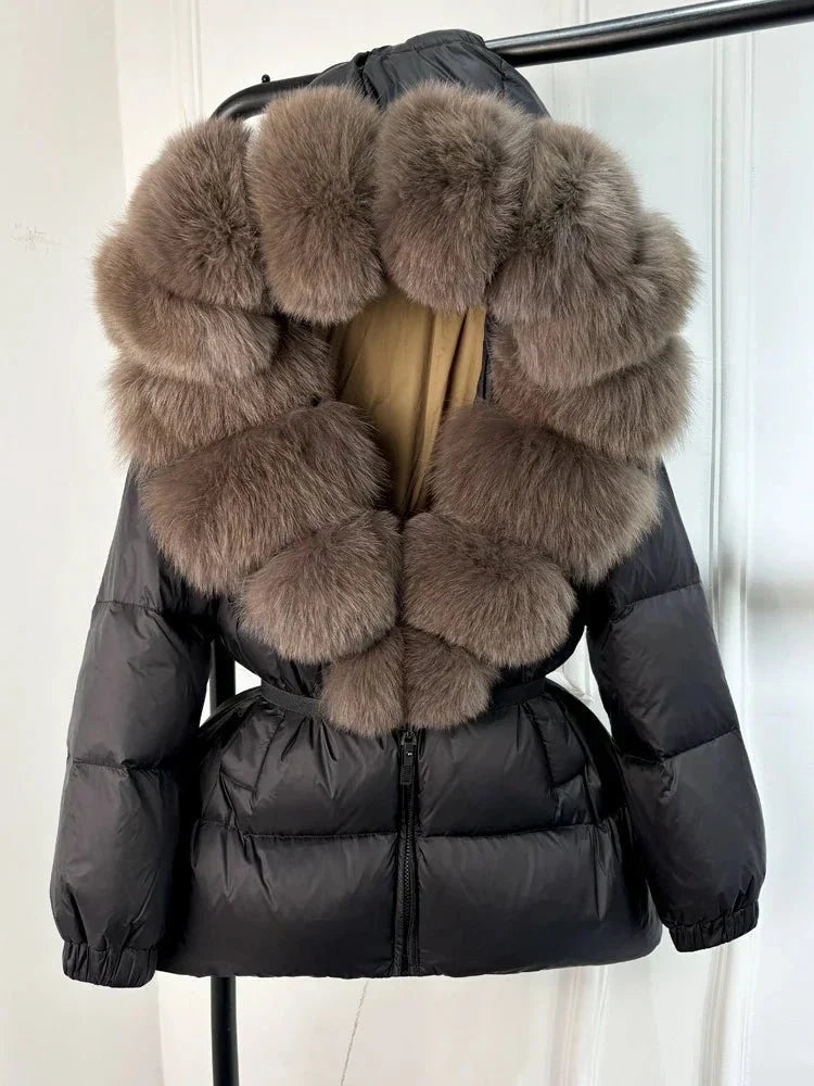 Women's long puffer jacket with fur hood in Black Brown
