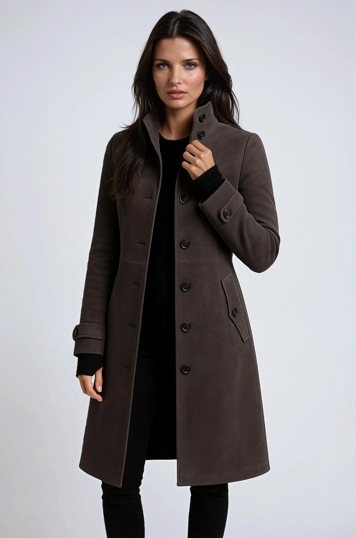 Women's Long Wool-Look Coat - Dark Grey
