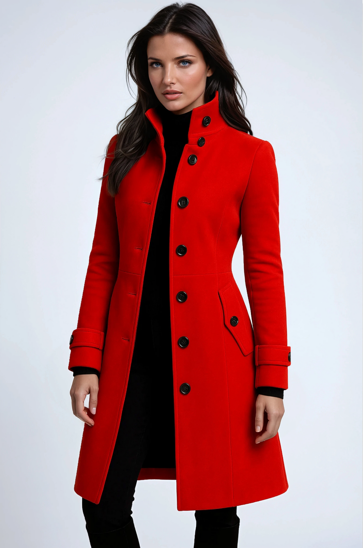Women's Long Wool-Look Coat - Red