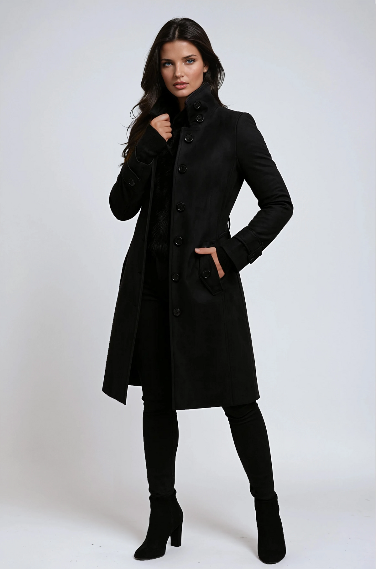 Women's Long Wool-Look Coat - Black