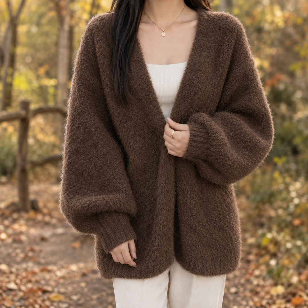Women's Open Front Knit Cardigan in Coffee, worn on model