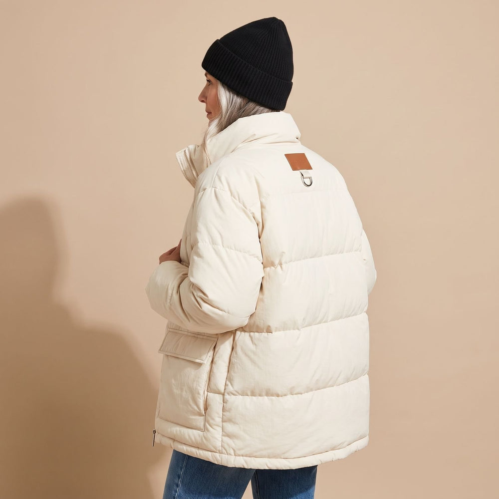 Women's Oversized Quilted Puffer Jacket - Beige - on model