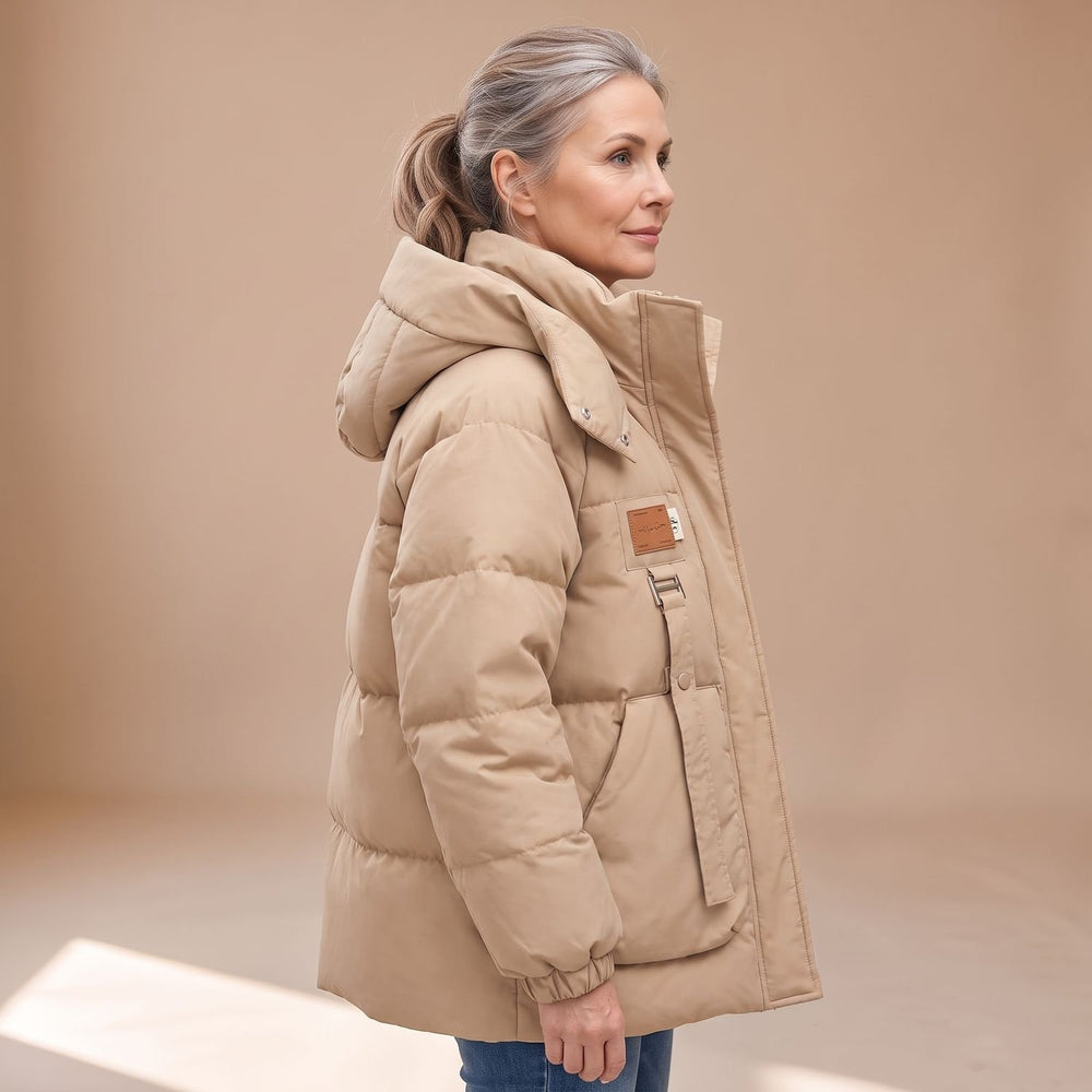 Women's Oversized Quilted Puffer Jacket - Khaki - on model