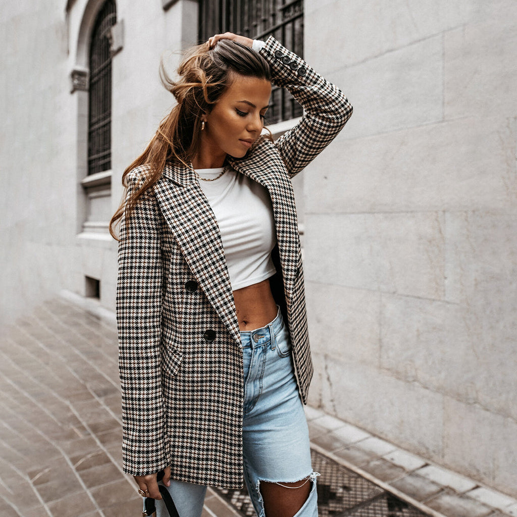 Women's Plaid Double-Breasted Blazer - Plaid