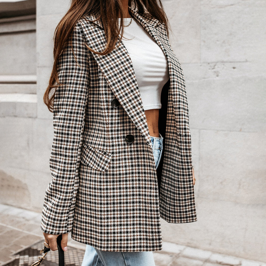 Women's Plaid Double-Breasted Blazer