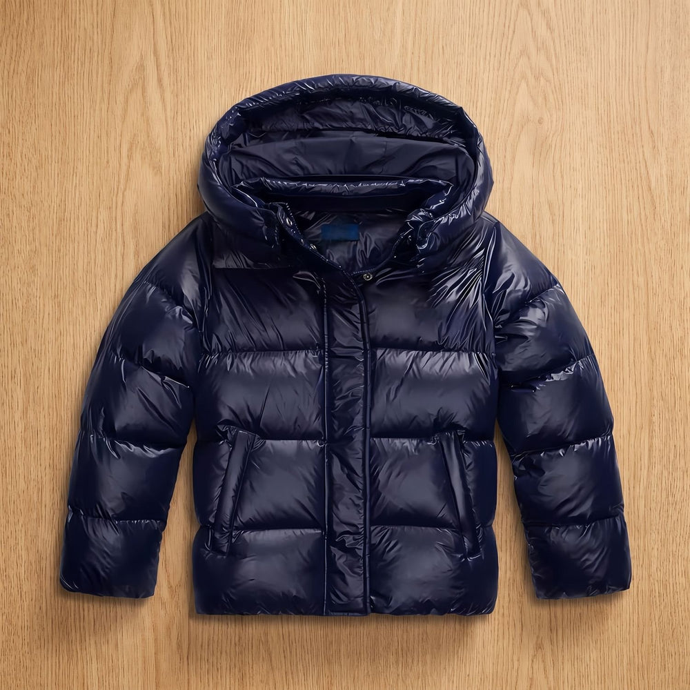 Women's Quilted Hooded Puffer Jacket - Navy Blue - front view