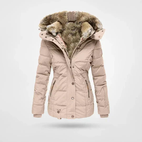Women's Faux Fur Hood Puffer Jacket - Beige