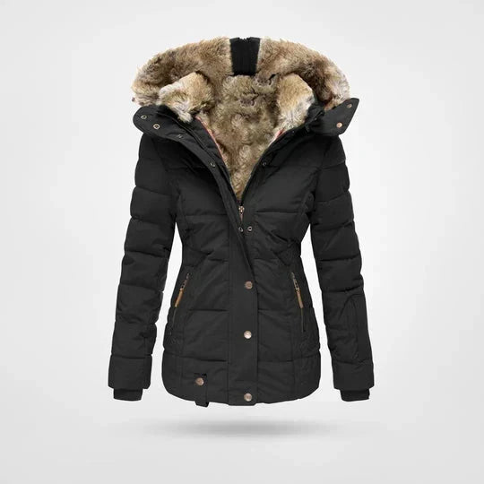 Women's Faux Fur Hood Puffer Jacket - Black