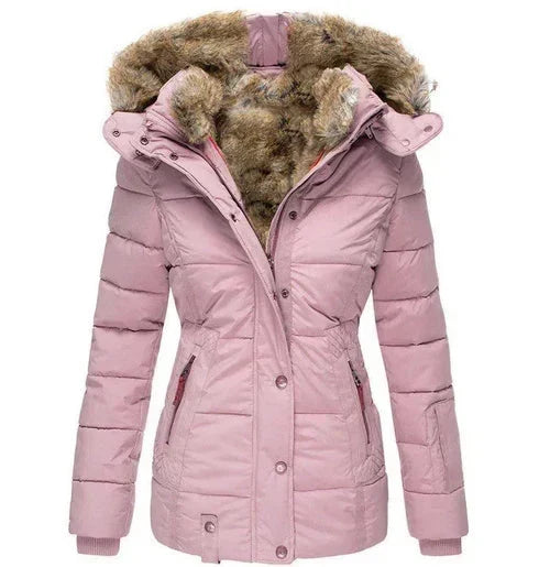 Women's Faux Fur Hood Puffer Jacket - Pink