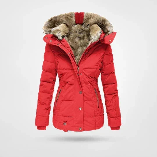 Women's Faux Fur Hood Puffer Jacket - Red