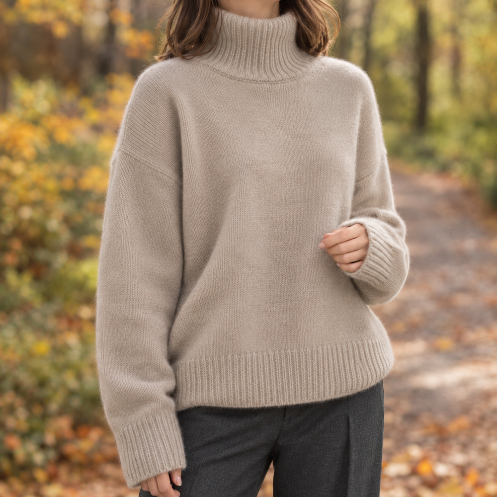 Women's Ribbed Turtleneck Sweater - Beige - on model