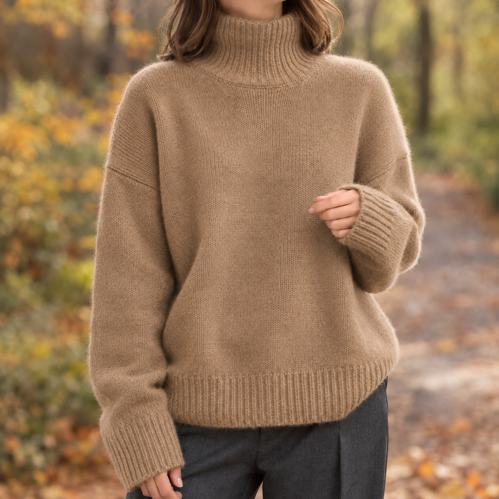 Women's Ribbed Turtleneck Sweater - Brown - on model