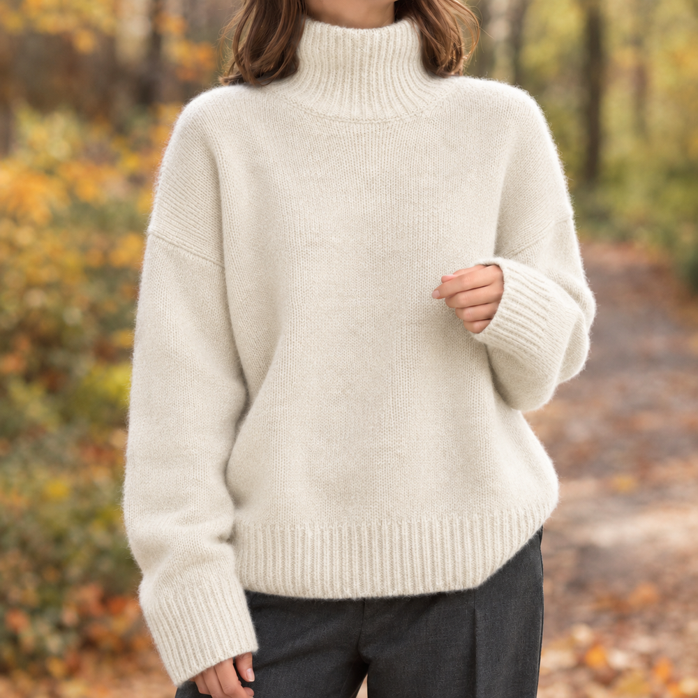 Women's Ribbed Turtleneck Sweater - Off White - on model