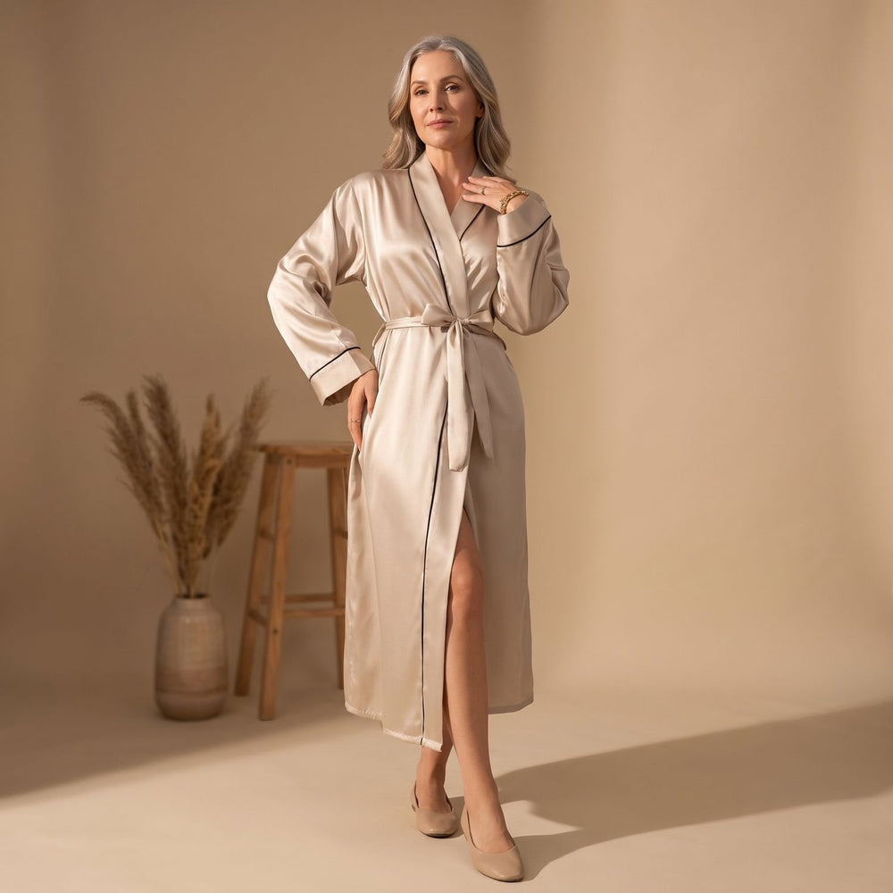 Women's Satin Belted Long-Sleeve Robe - Champagne - on model