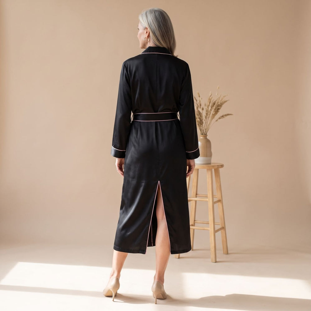 Women's Satin Belted Long-Sleeve Robe - Black - on model