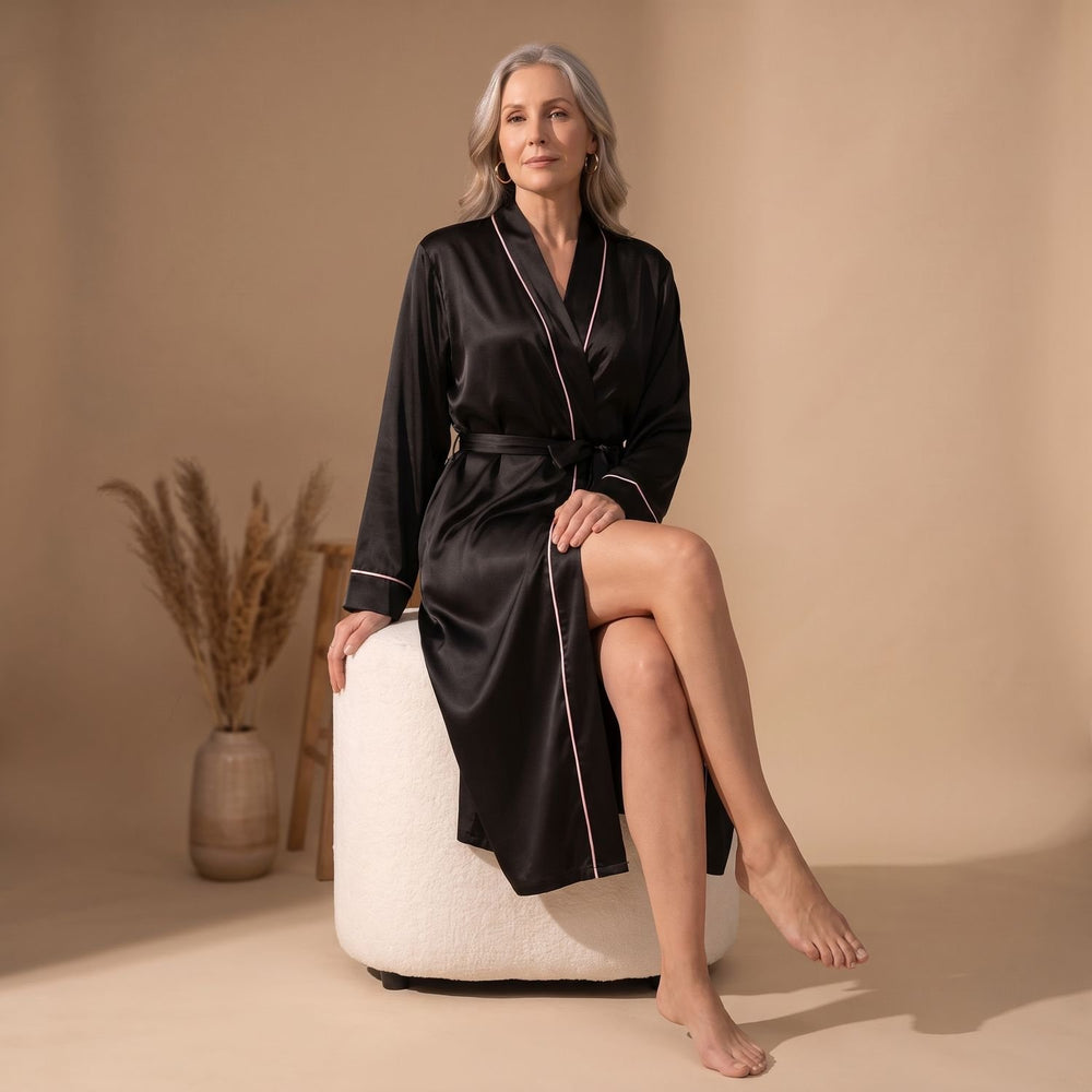 Women's Satin Belted Long-Sleeve Robe - Black - on model