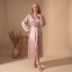 Women's Satin Belted Long-Sleeve Robe - Pink - on model
