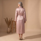 Women's Satin Belted Long-Sleeve Robe - Pink - on model