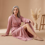 Women's Satin Belted Long-Sleeve Robe - Pink - on model