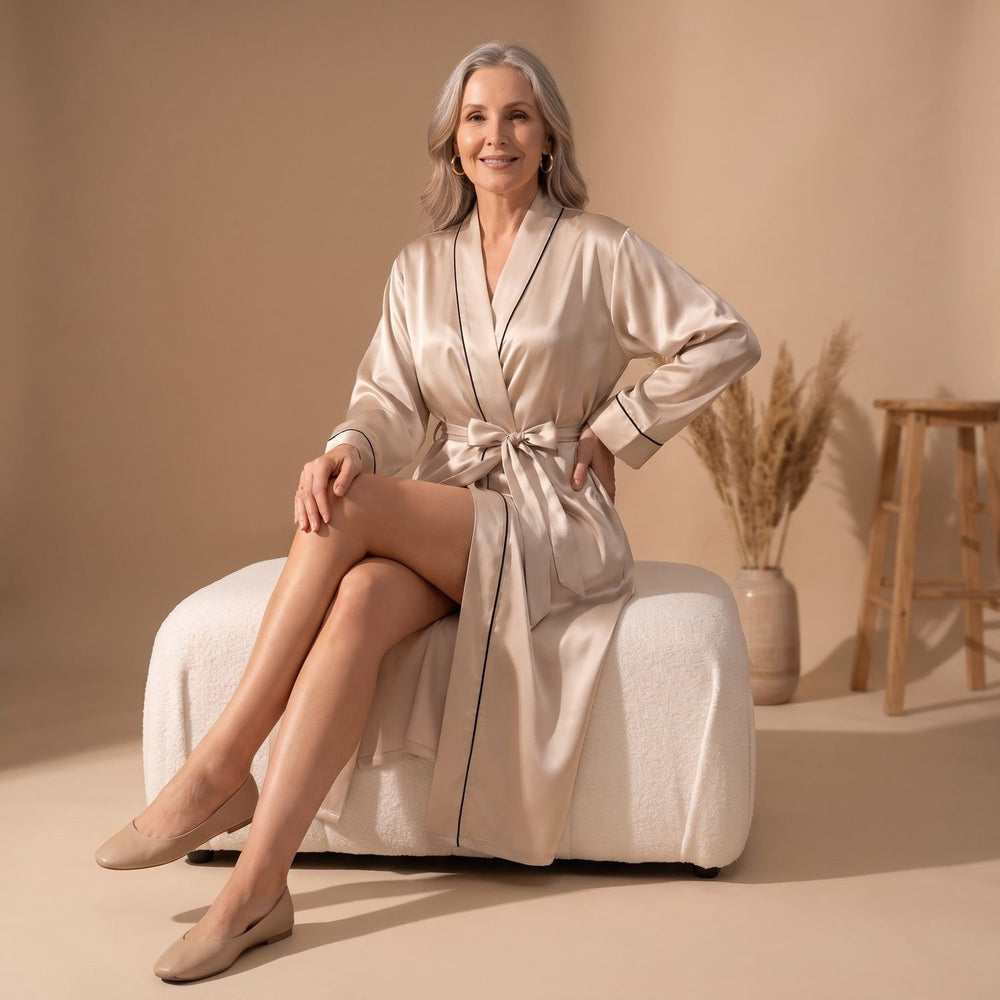 Women's Satin Belted Long-Sleeve Robe - Champagne - on model