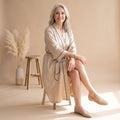 Women's Satin Belted Long-Sleeve Robe - Champagne - on model