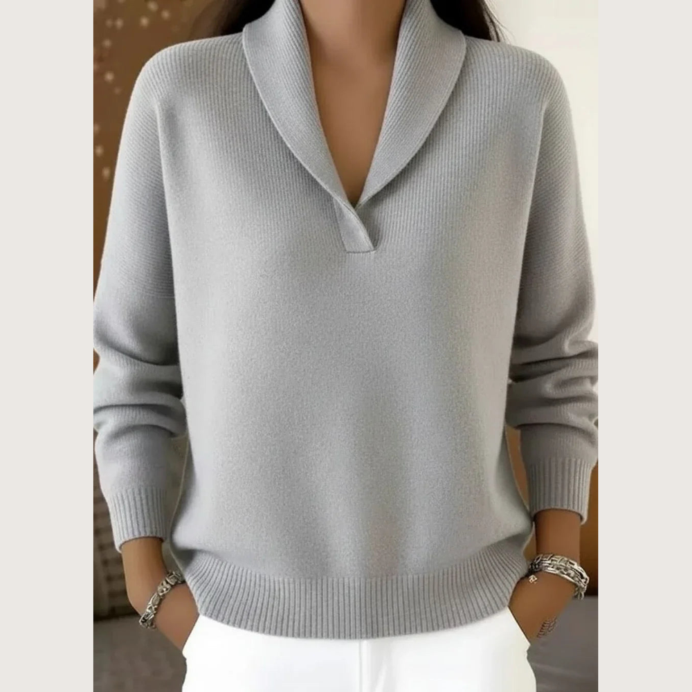 Women's Shawl Collar V-Neck Sweater - Gray - on model