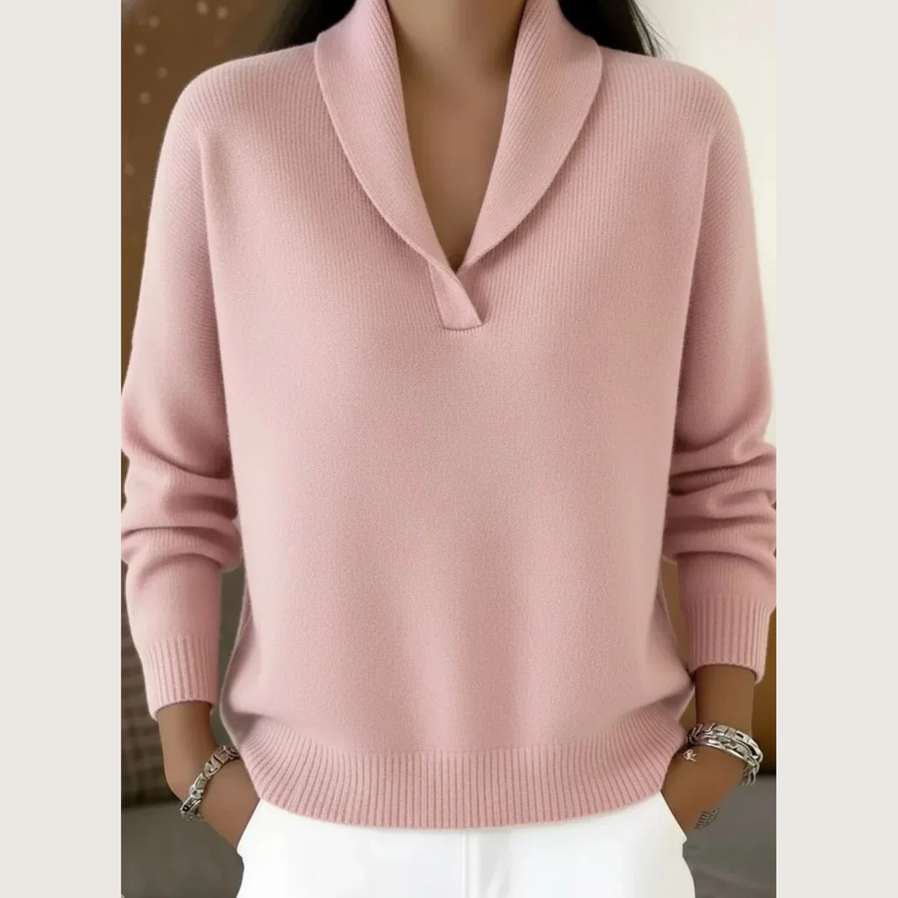 Women's Shawl Collar V-Neck Sweater - Pink - on model
