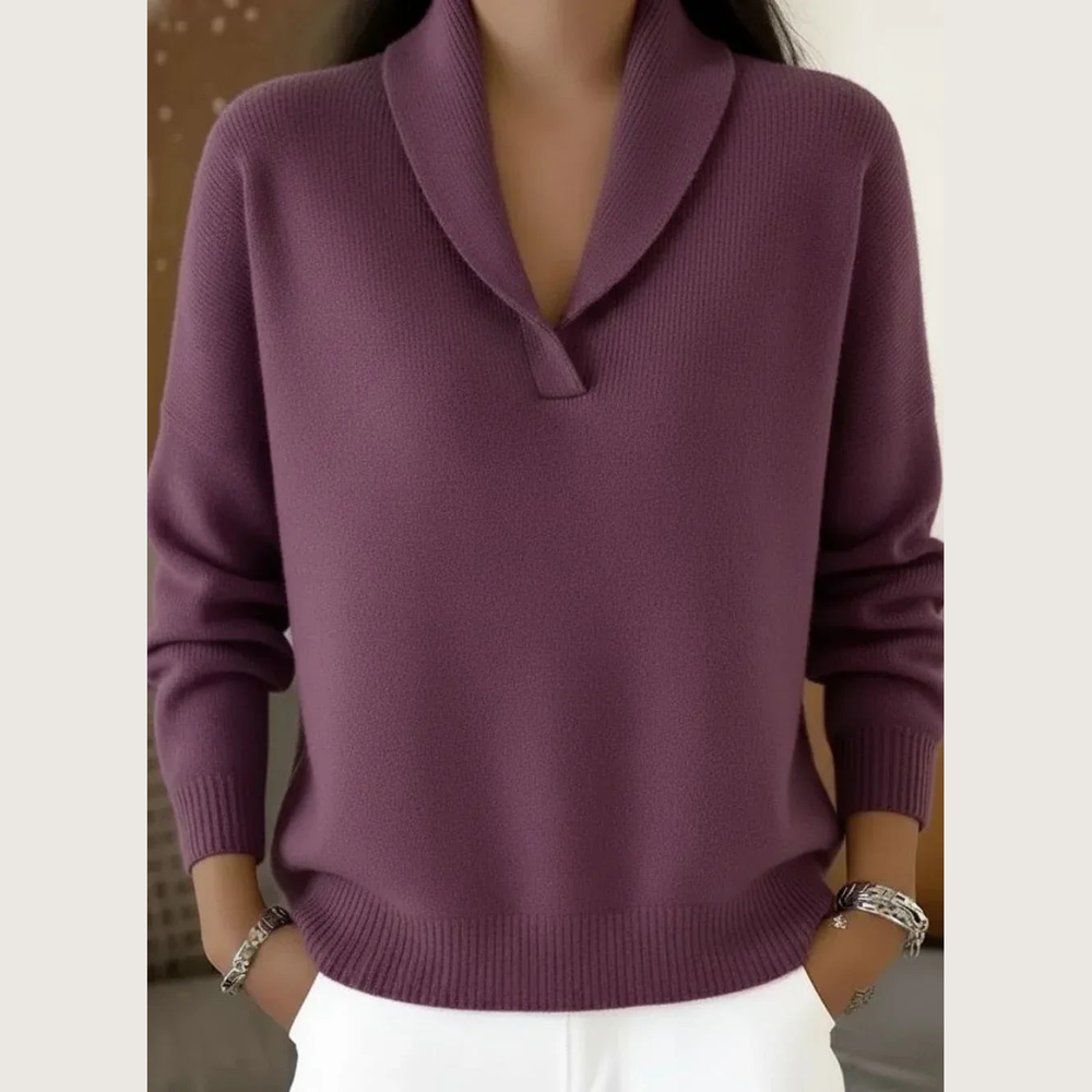 Women's Shawl Collar V-Neck Sweater - Purple - on model