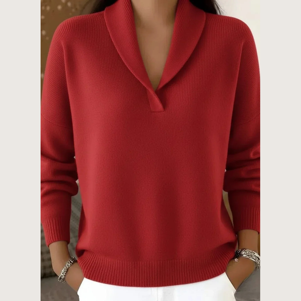 Women's Shawl Collar V-Neck Sweater - Red - on model
