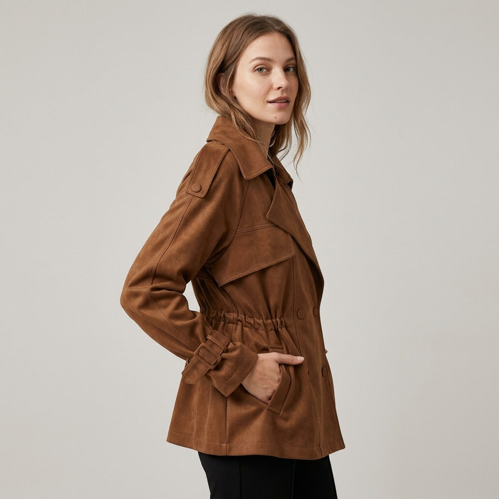 Women's Suede Double-Breasted Trench Jacket - Sienna Brown - on model profile view