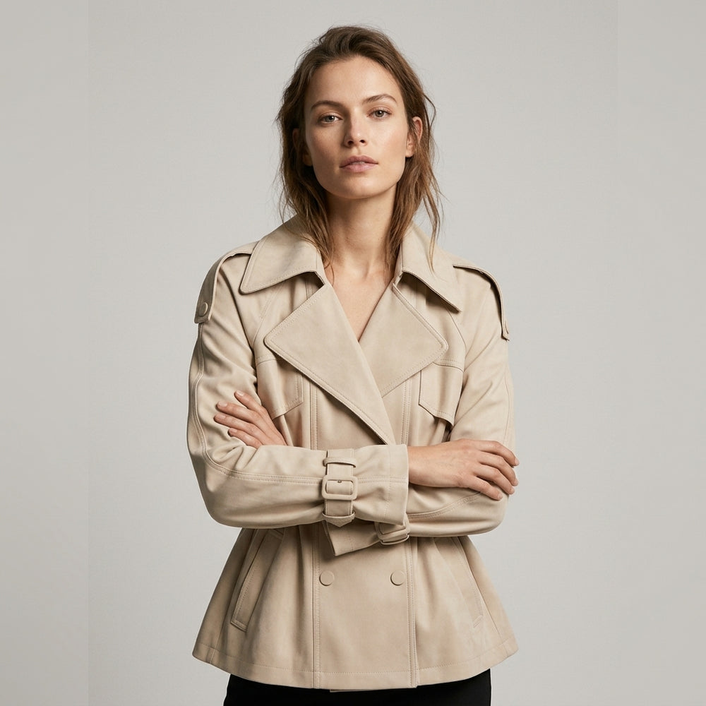 Women's Suede Double-Breasted Trench Jacket - Beige - on model