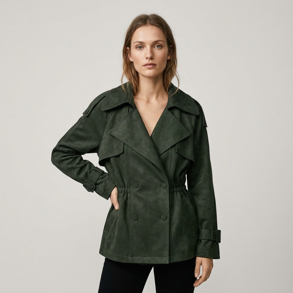 Women's Suede Double-Breasted Trench Jacket - Emerald - on model