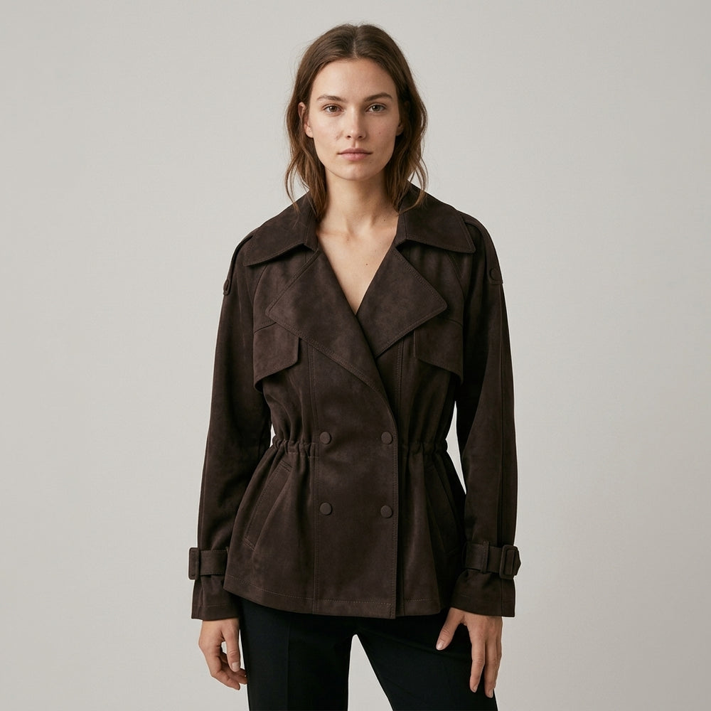 Women's Suede Double-Breasted Trench Jacket - Plum - on model