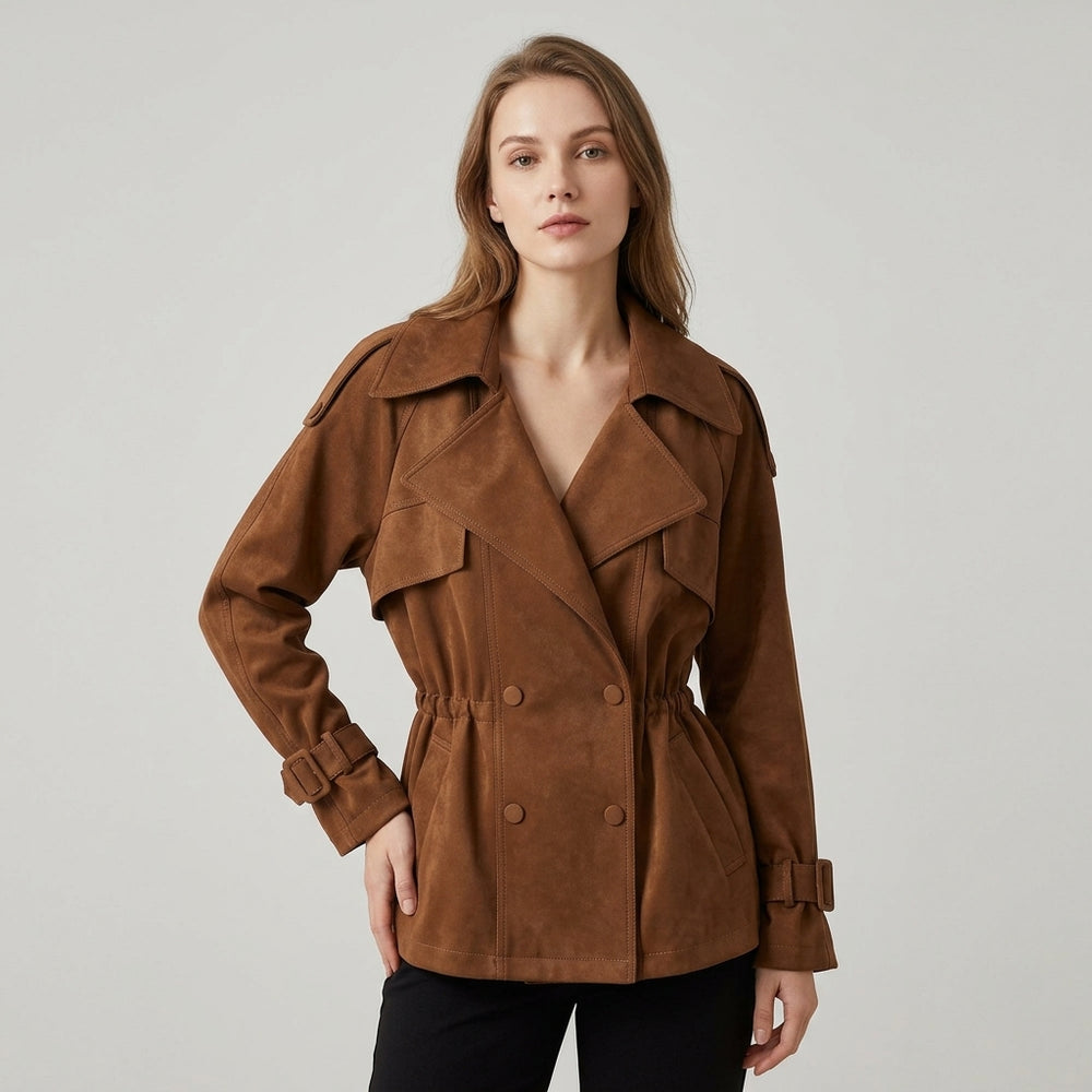 Women's Suede Double-Breasted Trench Jacket - Sienna Brown - on model