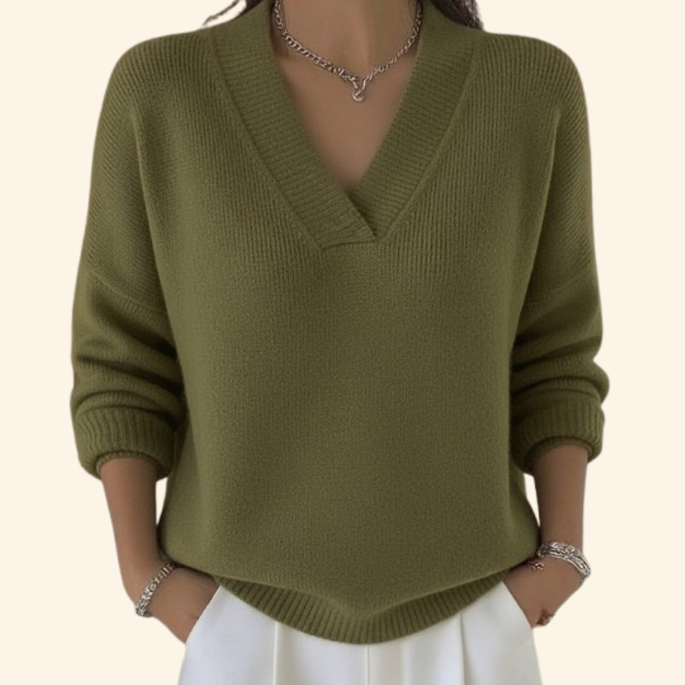 Women's V-Neck Long Sleeve Sweater - Green - on model