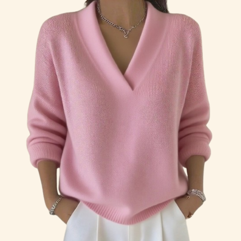Women's V-Neck Long Sleeve Sweater - Pink - on model
